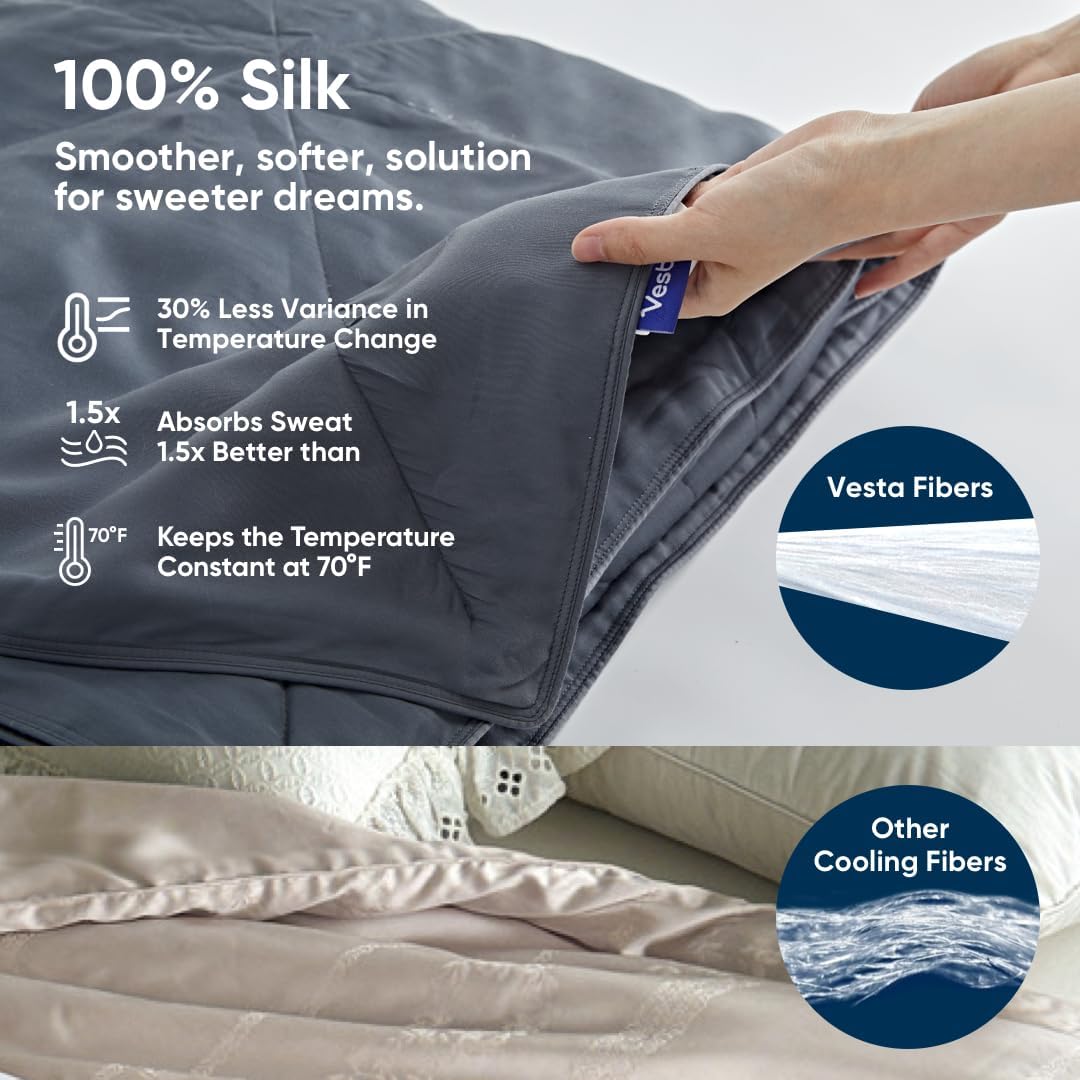 Vesta Washable Silk Lightweight Comforter, Cooling Blanket for Hot Sleepers, 100% Long Staple Mulberry Silk, Moisture & Thermal Control for Summer Use (Pine Grey, Full/Queen 90'' X 90'')