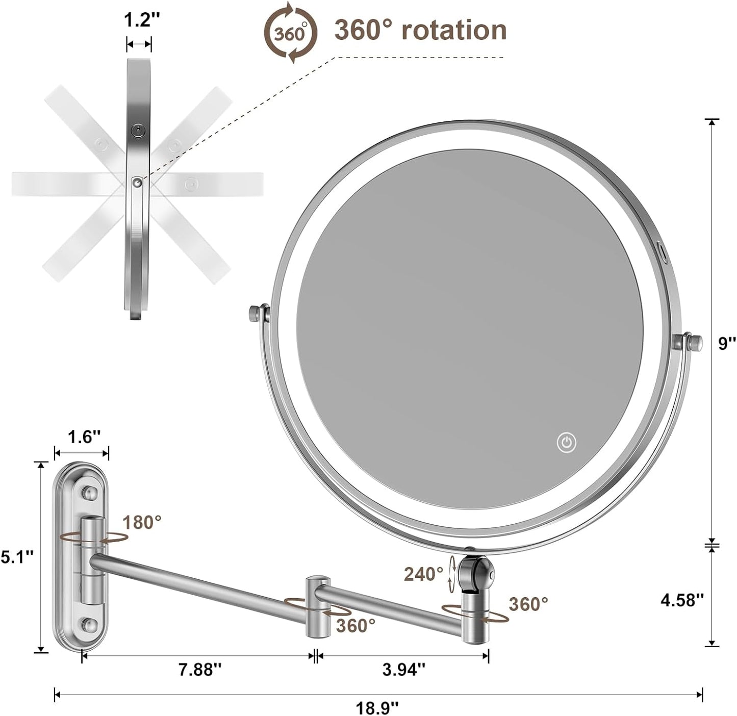 9" Wall Mounted Makeup Lighted Mirror, 4000mAh Rechargeable Double Sided LED Vanity Mirror with Height Adjustable&1X/10X Magnification, 3 Color Lights Touch Screen Dimmable 360°Swivel Bathroom Mirror