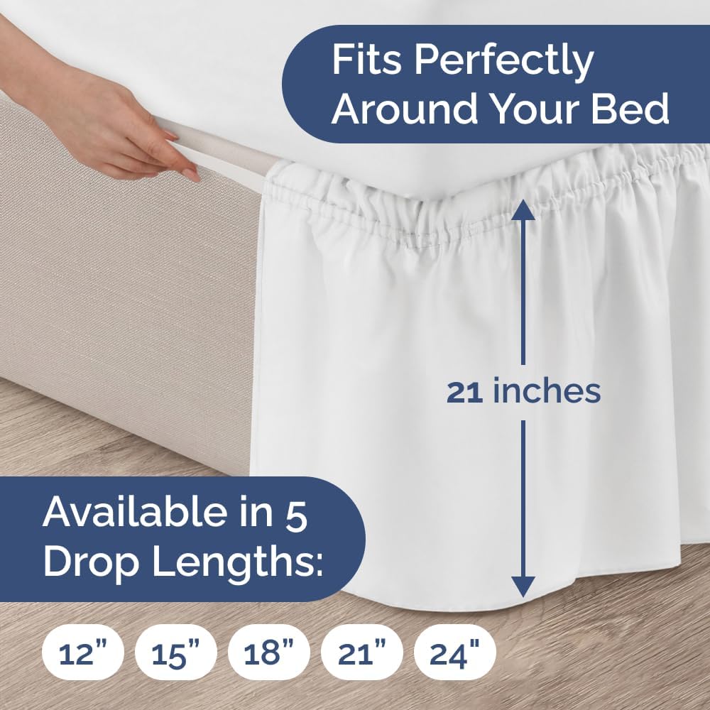 Wrap Around Dust Ruffle Bed Skirt - White - for King Size Beds with 21 Inch Drop - Easy Fit Elastic Strap - Adjustable Pleated Bedskirt w/Brushed Fabric - Wrinkle Free - for Women, Men, Kids & Teens