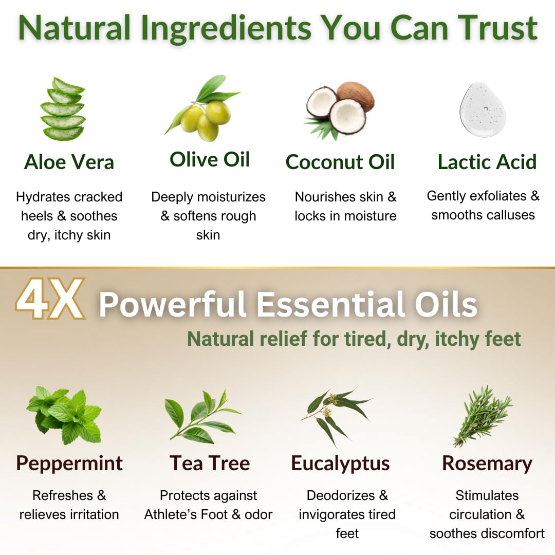 Natural Escapes Peppermint, Rosemary, Eucalyptus & Tea Tree Oil Foot Cream for Dry Feet, Cracked Heels, Calluses, Athlete's Foot - Heel Repair Cream for Women & Men (8 oz)