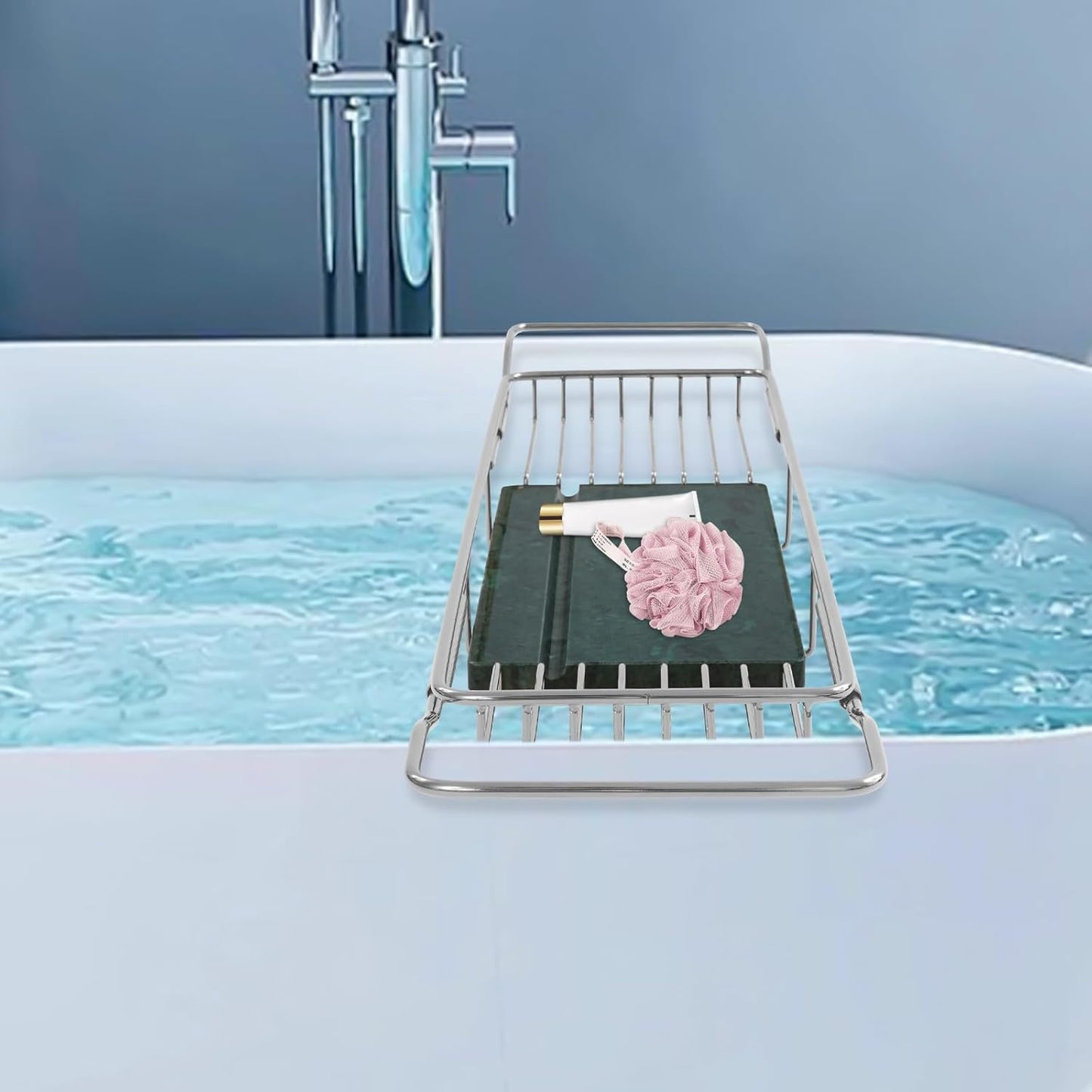 Bathtub Tray Caddy for Luxury Bath, Stainless Steel 26.8-35.4 in Expandable Extra Wide Bath Tub Tray with Natural Marble and Mobile/Tablet Stand, Ideal for Home Spa Lovers (Silver + Green)
