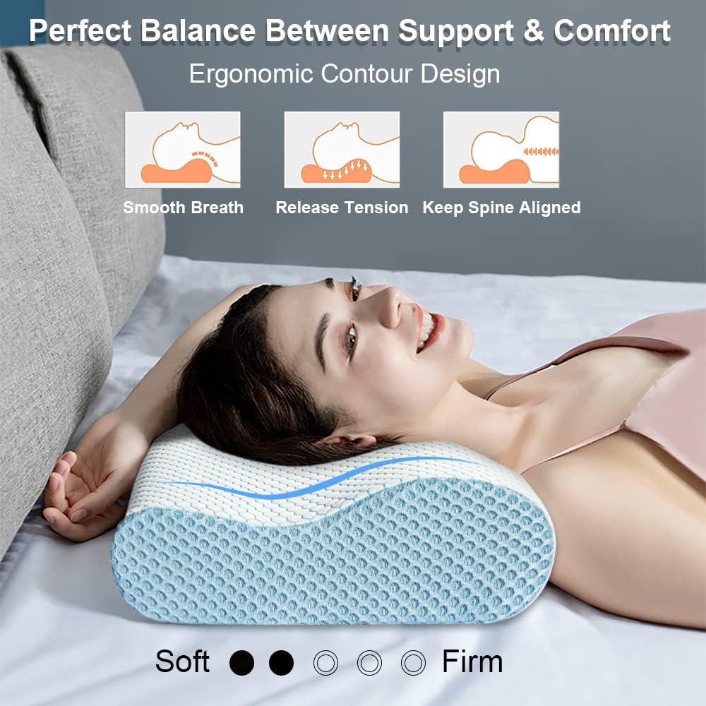 Anvo Memory Foam Pillow, Neck Contour Cervical Orthopedic Bed Pillow for Sleeping Side Back Stomach Sleeper, Ergonomic Design for Neck and Shoulder Pain Relief, Blue White, Soft