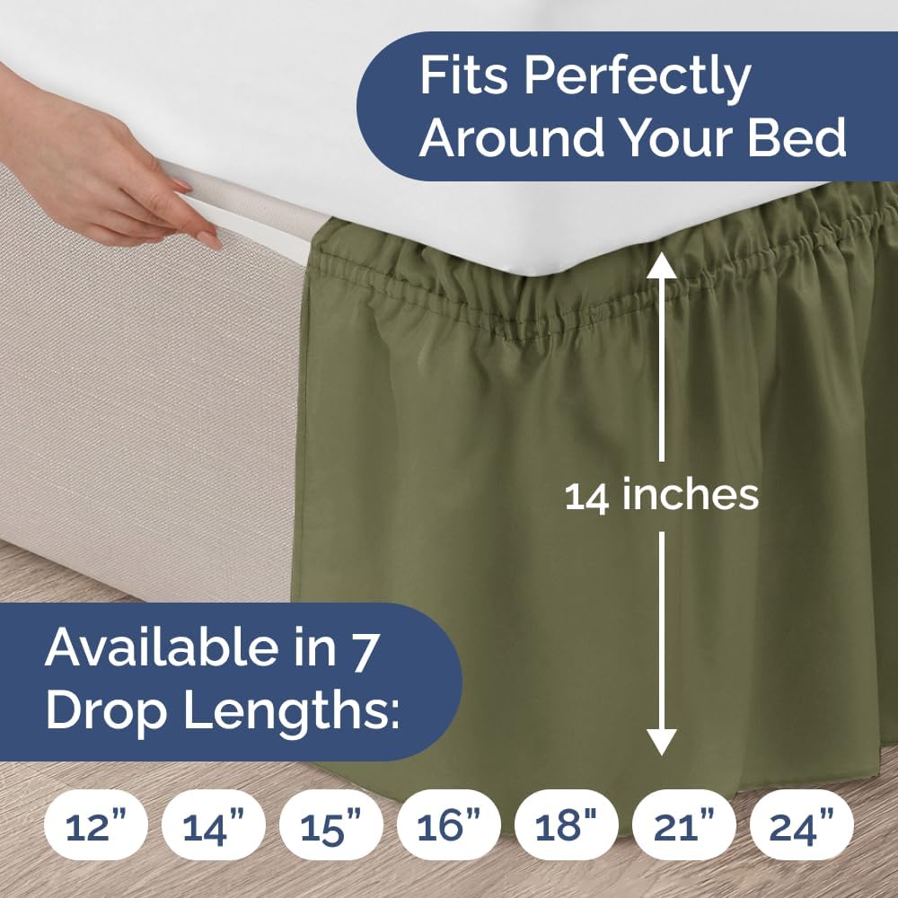 Wrap Around Dust Ruffle Bed Skirt - Sage Green - for Queen Size Beds w/ 14 Inch Drop - Easy Fit Elastic Strap - Adjustable Pleated Bedskirt with Brushed Fabric, Wrinkle Free Women, Men, Kids and Teens