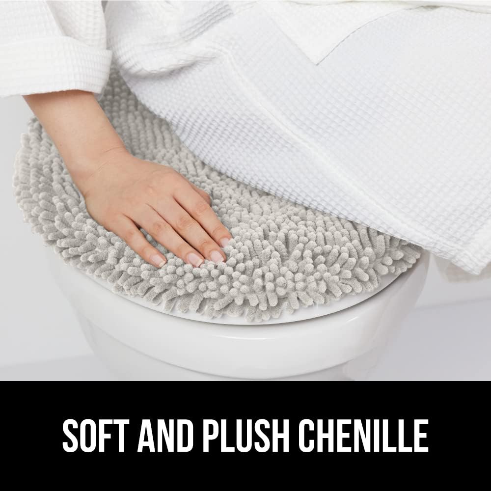 GORILLA GRIP Soft Chenille Bathroom Toilet Lid Cover, Machine Washable Seat Covers, 19.5x18.5, Stays in Place Rubber Backing, Fits Most Round, Elongated and Oblong Lids, Accessories Decor, Light Gray