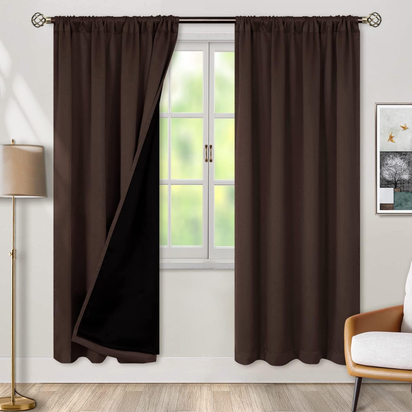 BGment 100% Blackout Curtains for Bedroom with Black Liner, Double Layer Full Room Darkening Thermal Insulated and Noise Reducing Rod Pocket Curtain (42 x 72 Inch, Brown, 2 Panels)