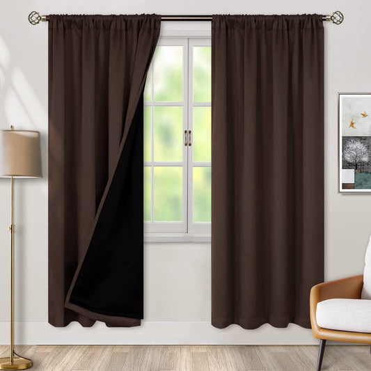 BGment 100% Blackout Curtains for Bedroom with Black Liner, Double Layer Full Room Darkening Thermal Insulated and Noise Reducing Rod Pocket Curtain (42 x 72 Inch, Brown, 2 Panels)
