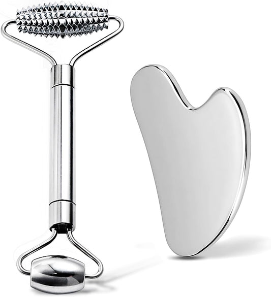 Gua Sha Facial Tools and Face Roller Set, Stainless Steel Facial Sculpting Eyes Roller Guasha for Face, Chin & Jawline Sculpting,Skin Care (Stainless Steel)