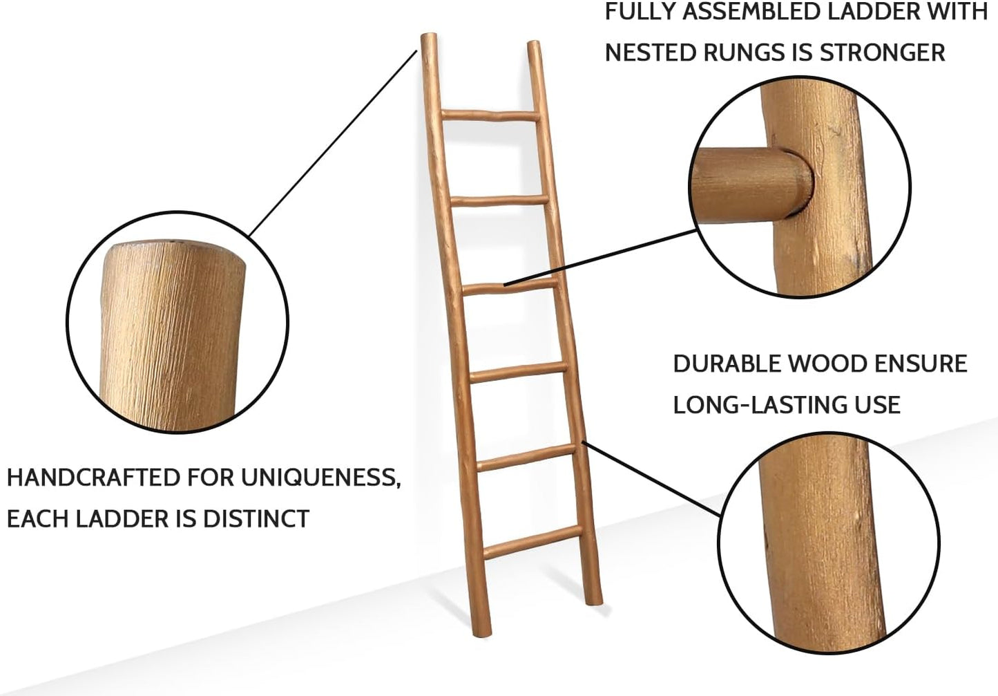 FUIN Fully Assembled 6ft Wood Blanket Ladder Living Room Decorative Wall Leaning Farmhouse Quilt Display Holder Rustic Wooden Towel Rack for Bathroom, Gold