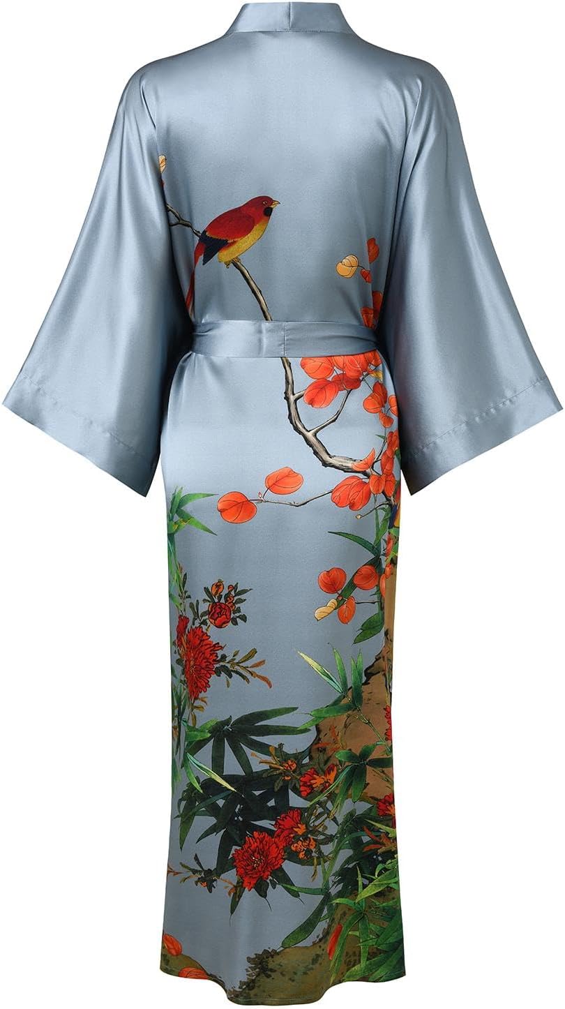 Women's Silk Kimono Robe Long Bathrobe Nightgown 100% Mulberry Silk for Women - Classic Floral Pattern