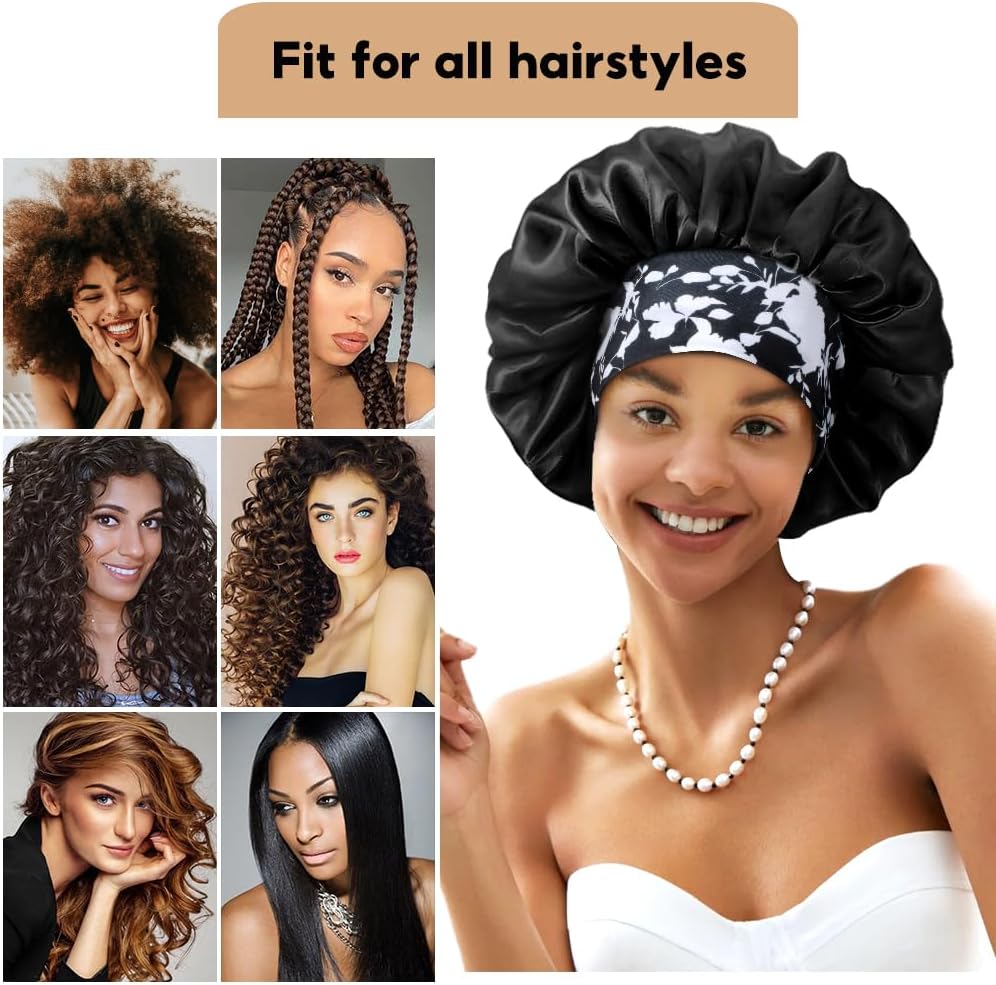 3+3 Large Satin Bonnets with Scrunchies for Women, Wide Band Hair Bonnet for Sleeping Braids Curly Hair