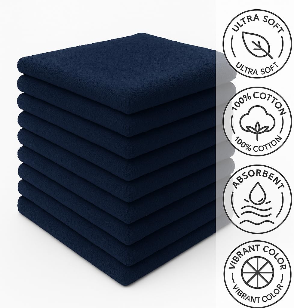 Crystal Ridge Cotton Wash Cloths 12 Pack - Washcloths for Showering, Face and Body, Soft and Highly Absorbent Multipurpose Towels for Bathroom, Kitchen, Spa and Gym - Wash Rags 12 x12 (Navy)