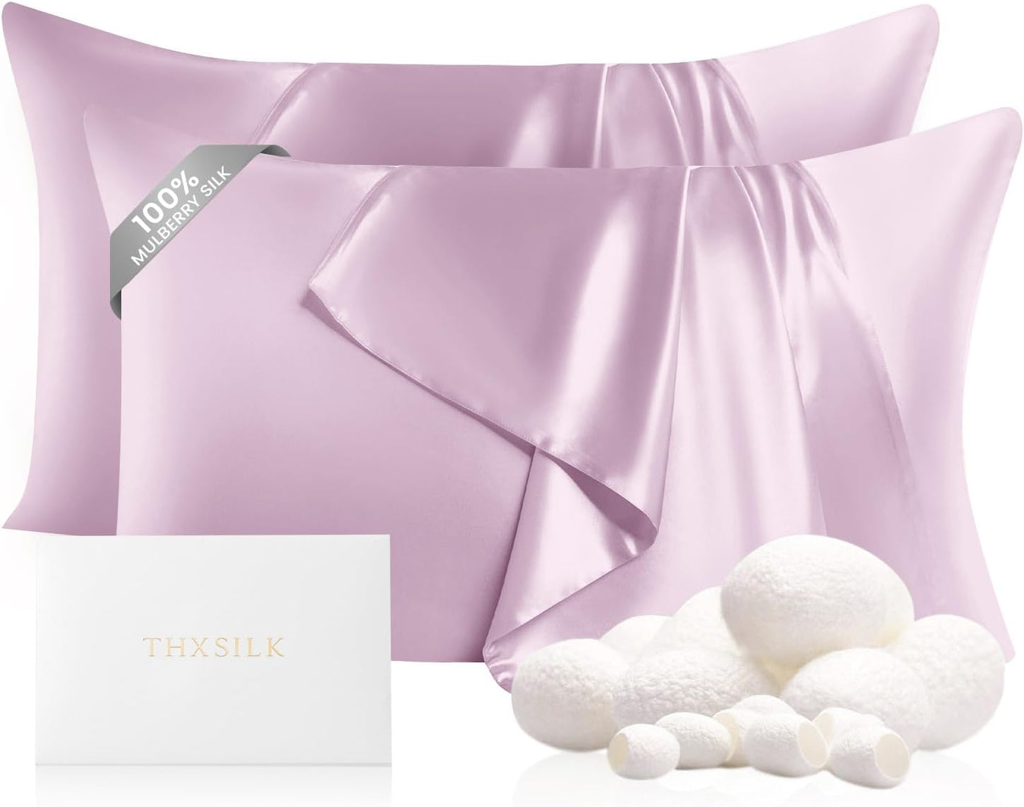 THXSILK Set of 2 100% Mulberry Silk Pillowcase for Hair and Skin Health, 22 Momme Soft and Smooth Pillowcases with Hidden Zipper, Both Sides Premium Grade 6A+ Silk, Standard 20"x26", Light Purple