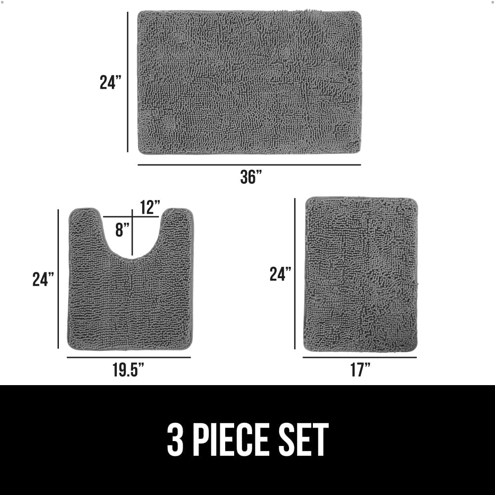 GORILLA GRIP Bathroom Rug Sets 3 Piece, Bath Mat Set and Oval Toilet Base with Rubber Backing, Plush Absorbent Shaggy Chenille Washable Mats, Includes 24x19.5, 24x17 and 36x24 Inch Rugs, Grey