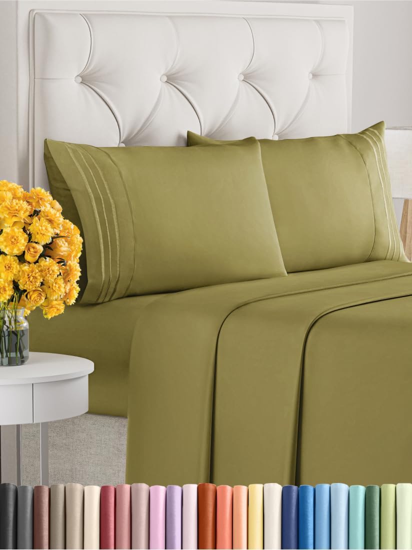 Cal King Size 4 Piece Sheet Set - Extra Soft, Breathable and Cooling Sheets - Hotel Luxury Bed Sheets for Women & Men - Deep Pockets, Easy-Fit & Wrinkle-Free Sheets - Olive Yellow Oeko-Tex Bed Sheets