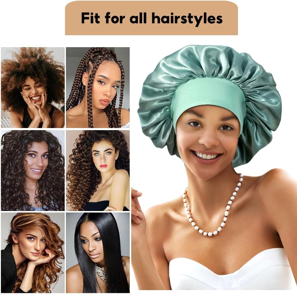 3+3 Large Satin Bonnets with Scrunchies for Women, Wide Band Hair Bonnet for Sleeping Braids Curly Hair