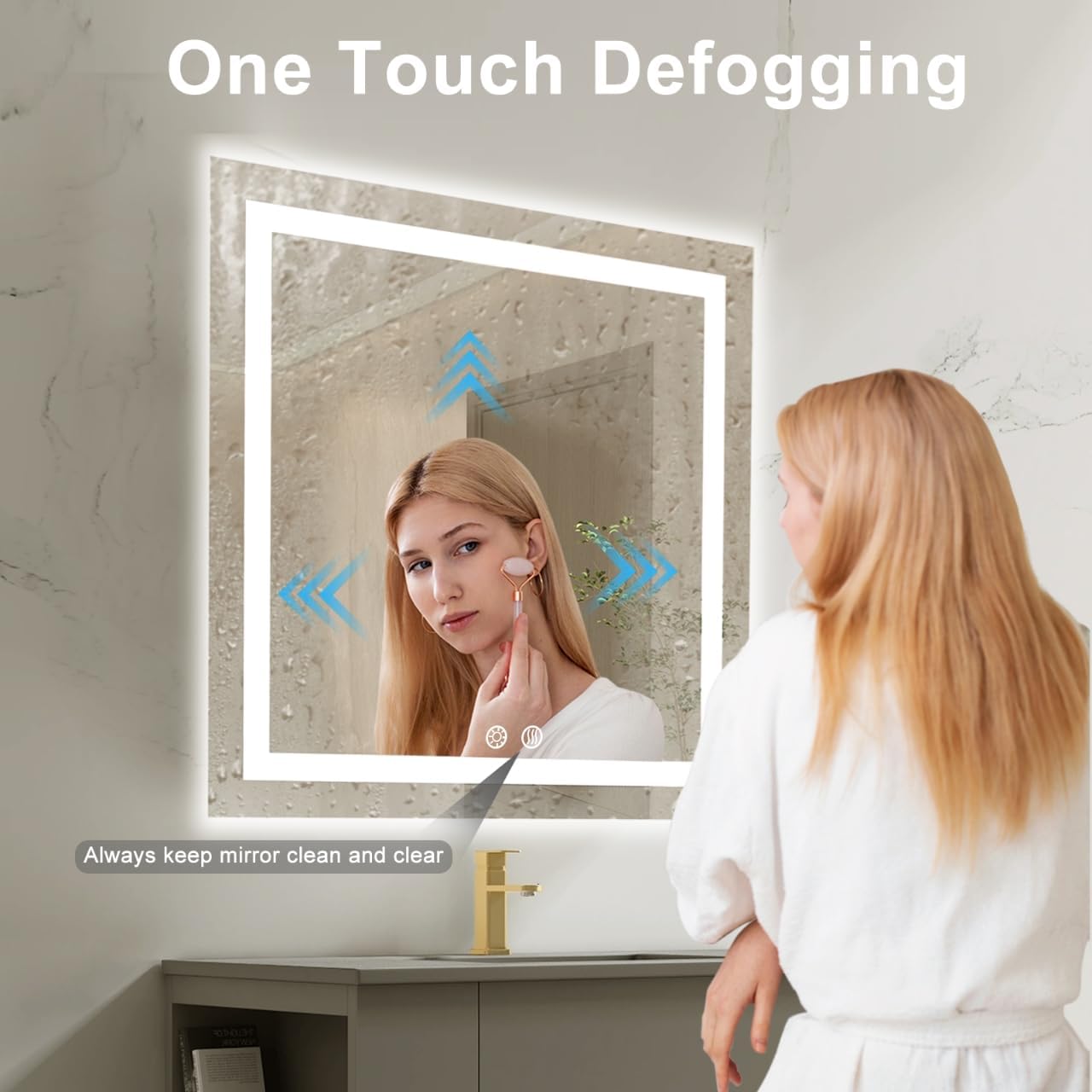 28 X 28 Inch Square LED Bathroom Vanity Mirror, 3 Colors Light Dimmable, Wall Mounted Memory Lighted Makeup Mirror with Anti-Fog Touch Switch (Front-lit&Backlit)