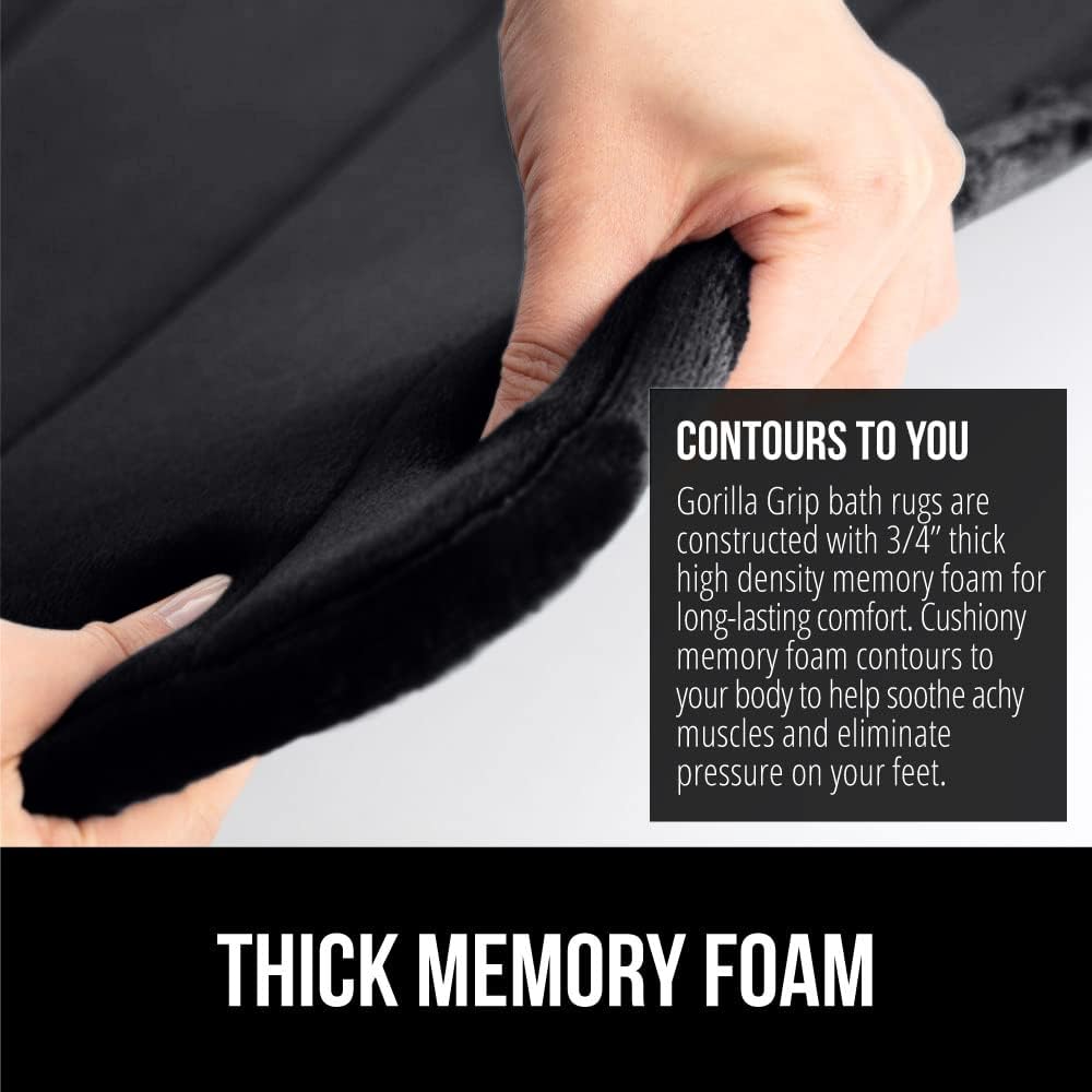 GORILLA GRIP Memory Foam Bath Mat, Soft Absorbent US Designed Bathroom Rug, Gripping Dots Machine Washable Bathmat, Cushioned Floor Mats, Shower Sink Rugs Room Décor Accessories, 24x17 Black