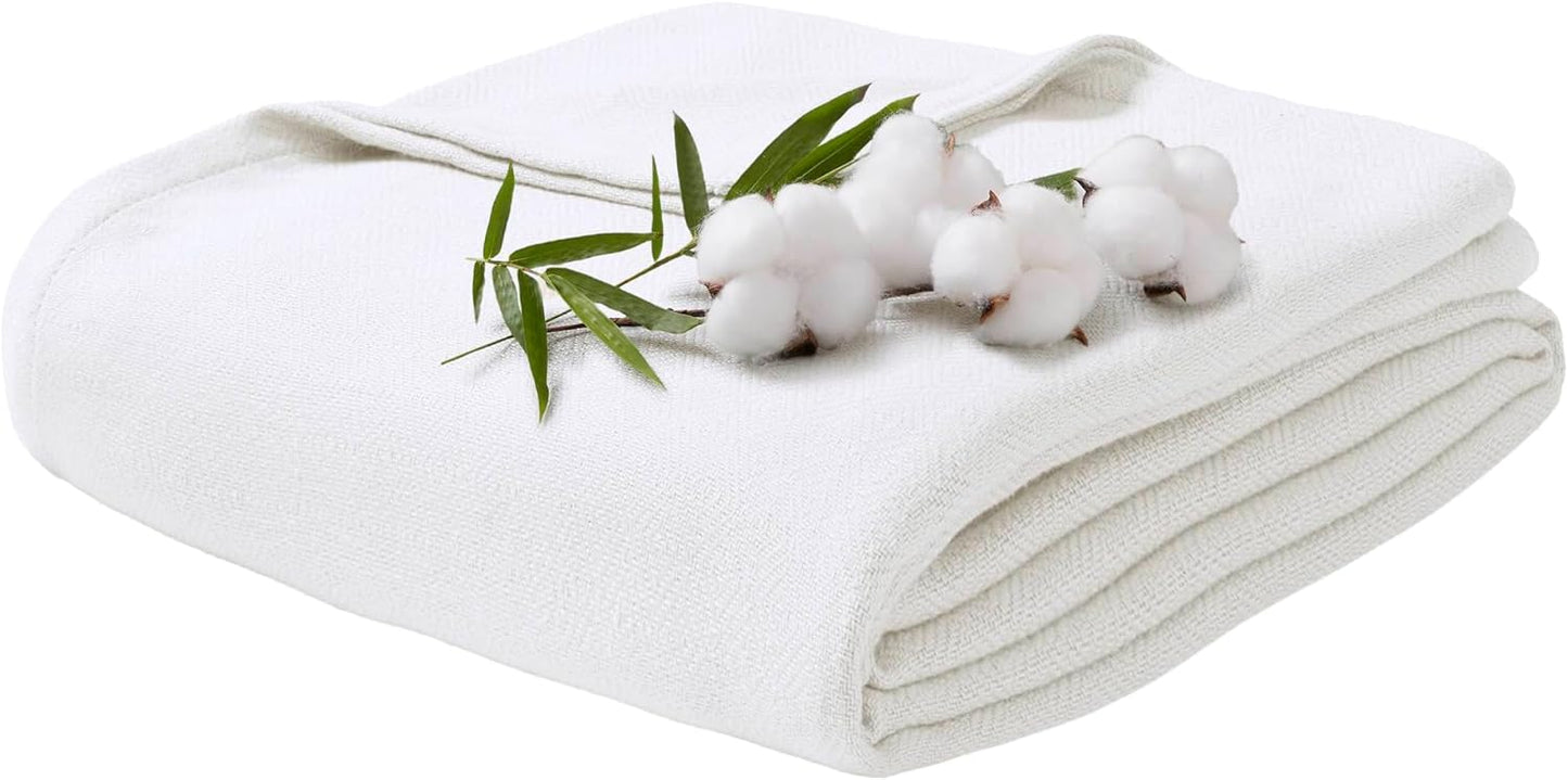 Queen Size Blanket, 70% Rayon (Derived from Bamboo) and 30% Cotton, Lightweight Jacquard Weave, Breathable and Soft Summer Blanket for Bed or Couch, 90” x 90”, White