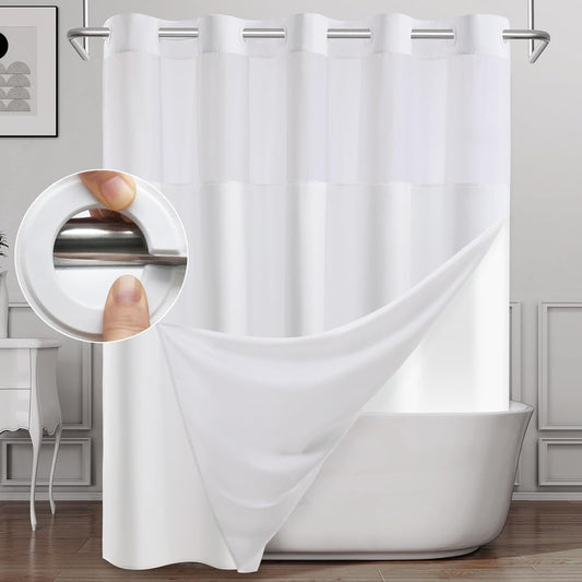 Extra Long No Hook Shower Curtain with Snap in Liner, Polyester Textured Shower Curtain with Liner Set, Waterproof Washable Hotel Style Shower Curtains for Bathroom, 71Wx86H, White