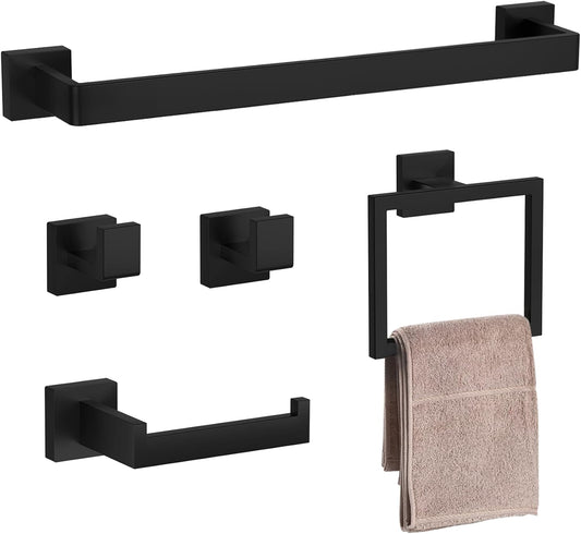 5-Pieces Matte Black Bathroom Accessories Set, 23.6 Inch Bath Towel Bar Set, SUS 304 Stainless Steel Bathroom Hardware Set, Towel Racks for Bathroom Wall Mounted.