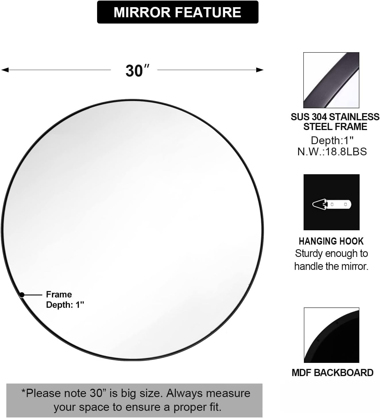 ANDY STAR Round Wall Mirror for Bathroom, 30 Inch Black Circle Mirror Modern Premium Stainless Steel Metal Frame Wall Mounted for Bathroom, Entryway, Vanity, Living Room, Bedroom