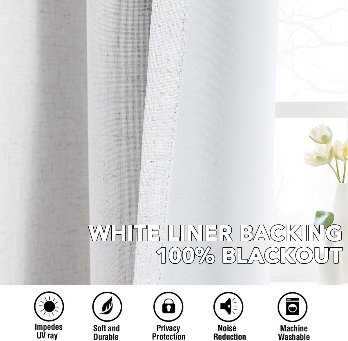 H.VERSAILTEX Linen Curtains 100% Blackout Curtains for Bedroom 96 inch Long Full Light Blocking Nature Linen Blended Window Curtains for Living Room Nickel Grommet (2 Panels, Heathered White)
