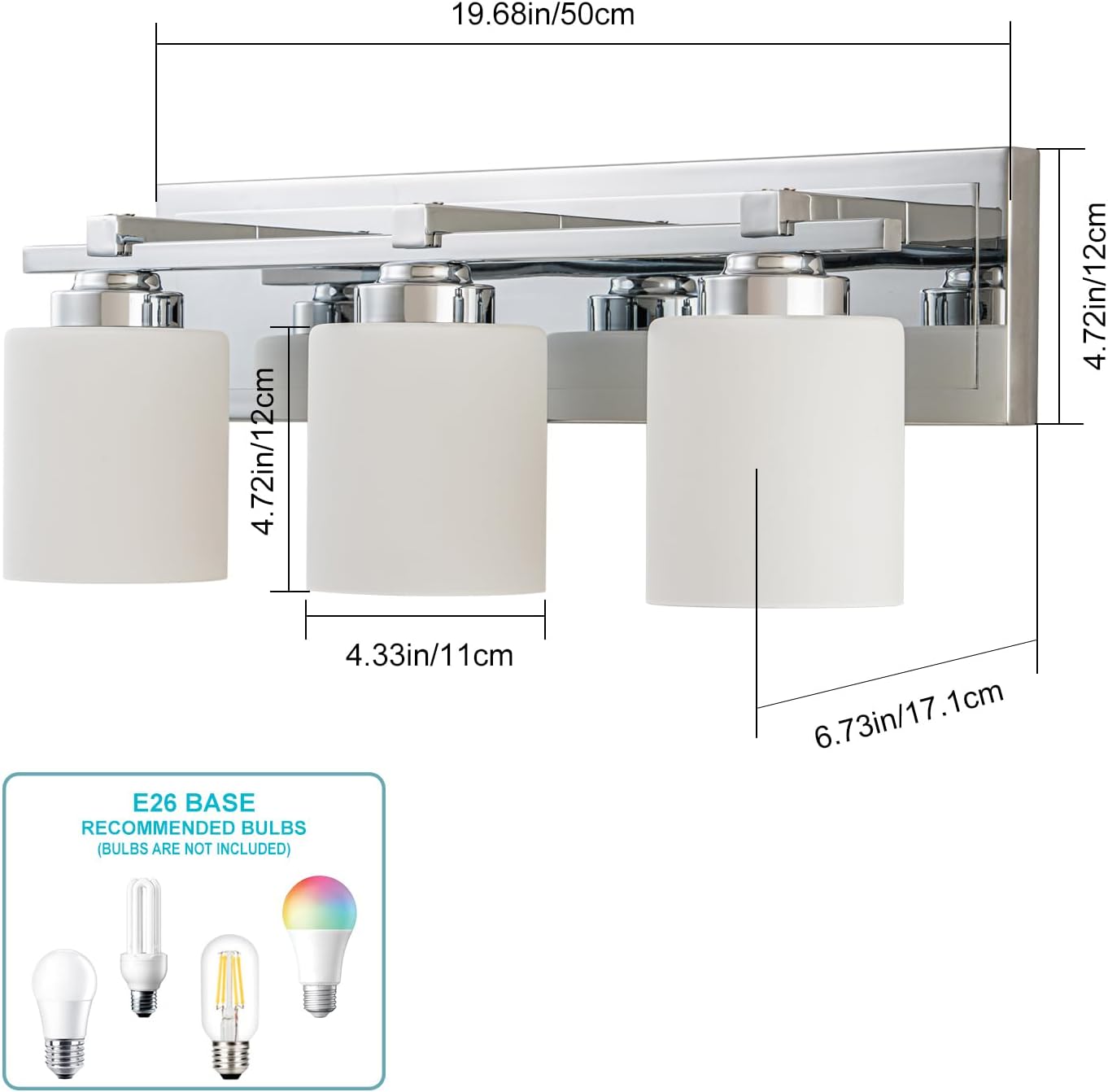 3 Light Modern Bathroom Light Fixtures Over Mirror, Chrome Vanity Lights for Bathroom Wall Sconces with Milky White Glass Shades, E26 Socket (Bulbs Not Included)