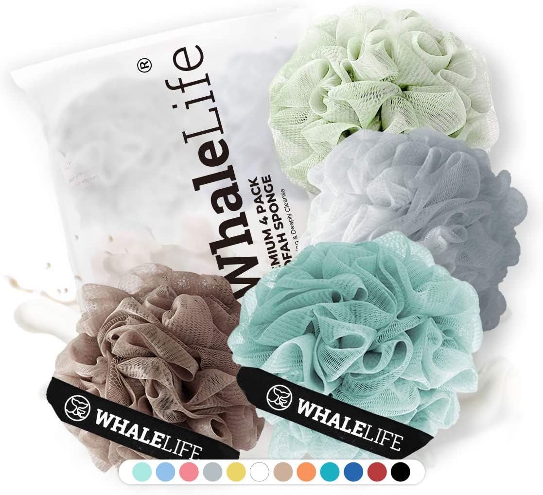 Loofah Sponge Bath Sponge for Women Men 4 Pack (Borwn Blue Gray Green)
