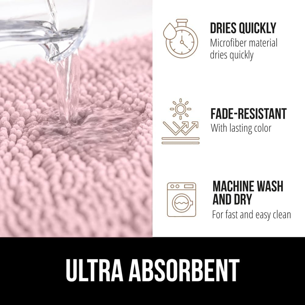 GORILLA GRIP Plush Absorbent Shaggy Chenille Bath Rug Mat for Square Toilet Base with Rubber Backing, Machine Washable Rugs, Soft Microfiber Contour Mats for Toilets, Bathroom Decor, Lt Pink