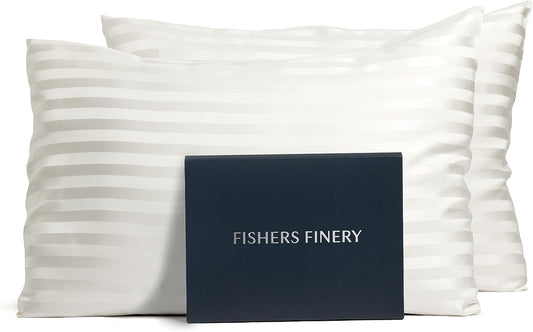 Fishers Finery 25mm 100% Pure Mulberry Silk Pillowcase Set (White Stripe Queen 2 Pack)