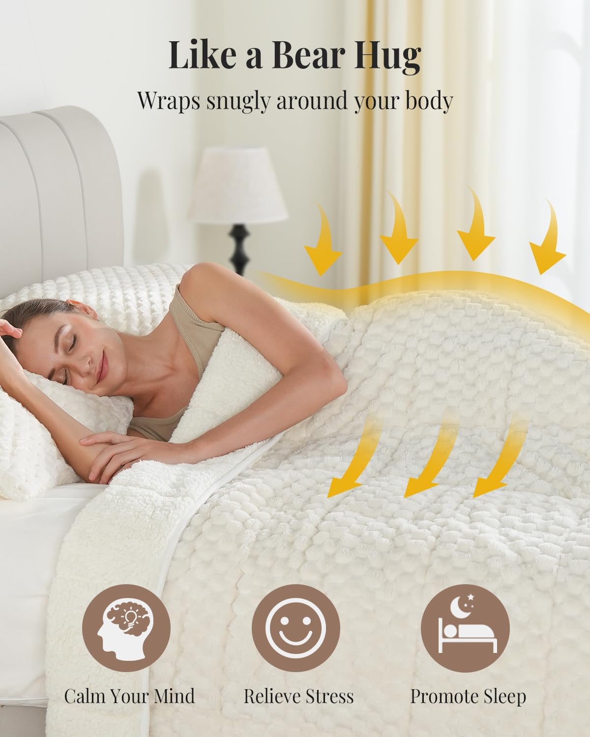 Topblan Weighted Blanket for Adults (48" x 72" 12lbs, Cream White), Soft Sherpa Full Size Heavy Blanket, 3D Jacquard Flannel Fleece Weighted Blankets for Couch and Bed