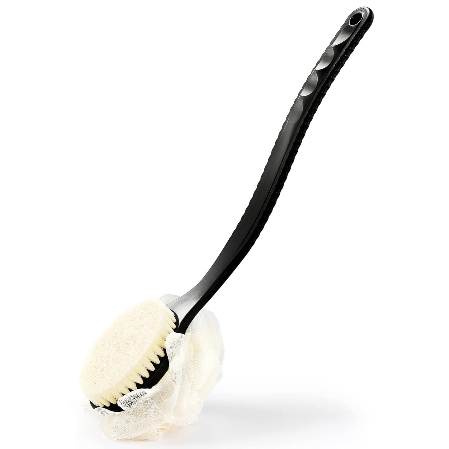 Shower Body Brush with Bristles and Loofah,Back Scrubber Bath Mesh Sponge with Curved Long Handle for Skin Exfoliating Bath, Massage Bristles Suitable for Wet or Dry, Men and Women (Black)
