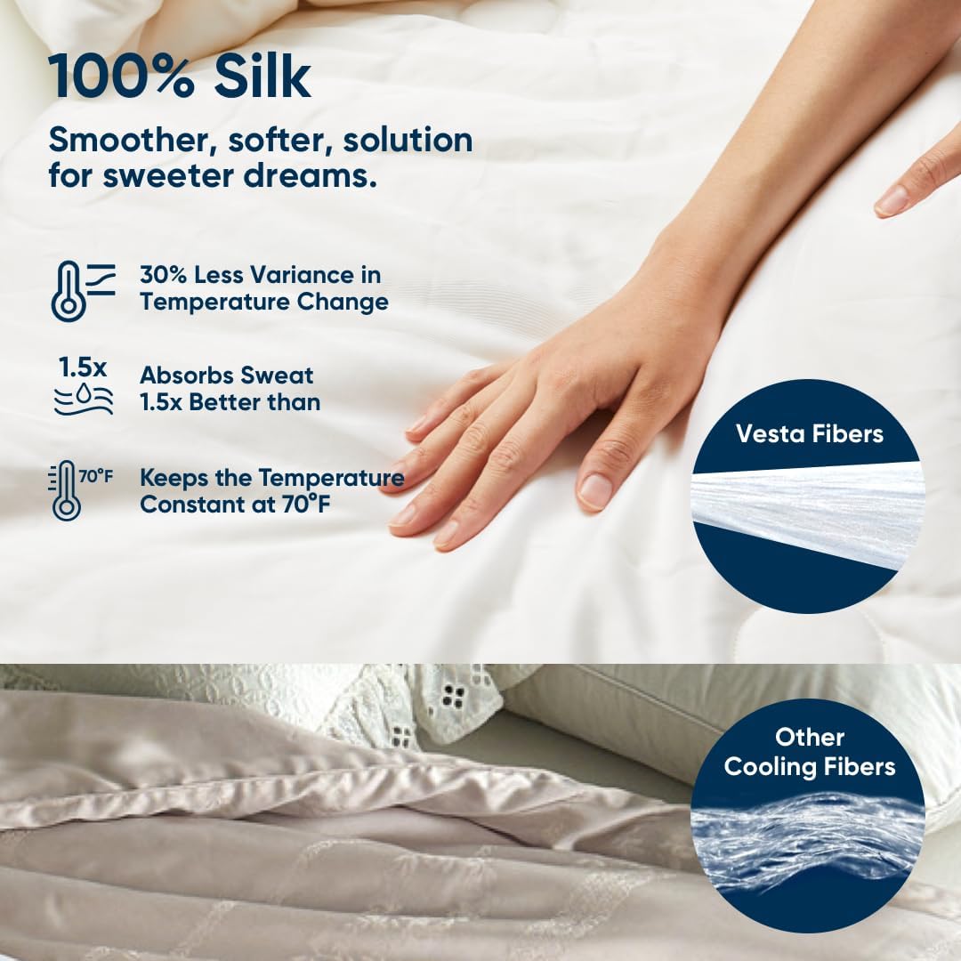 Vesta Washable Silk Lightweight Comforter, Cooling Blanket for Hot Sleepers, 100% Long Staple Mulberry Silk, Moisture & Thermal Control for Summer Use (Mirage White, King/Cal King 104'' X 90'')