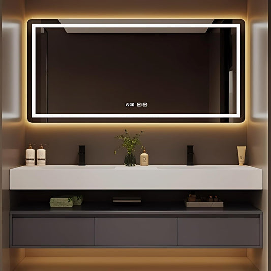 72IN Bathroom Vanity Double Sink - Double Sink Bathroom Vanity Set Include Smart Defogging Bathroom Mirror Cabinet with LED Light Strips, Abundant Storage Space with 3 Drawers (Mirror)