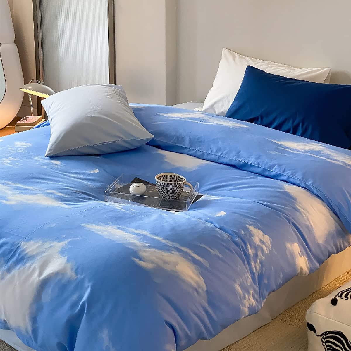 KAREVER Blue Cloud Comforter Set Queen Size Sky Theme Bedding Women 3 Pieces Soft Light Blue Queen Bed Blanket Set for All Season as Gift