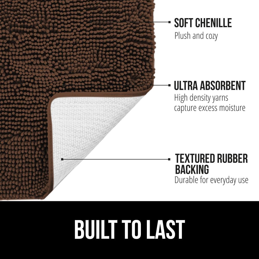 GORILLA GRIP Plush Absorbent Shaggy Chenille Bath Rug Mat for Square Toilet Base with Rubber Backing, Machine Washable Rugs, Soft Microfiber Contour Mats for Toilets, Bathroom Decor, Brown