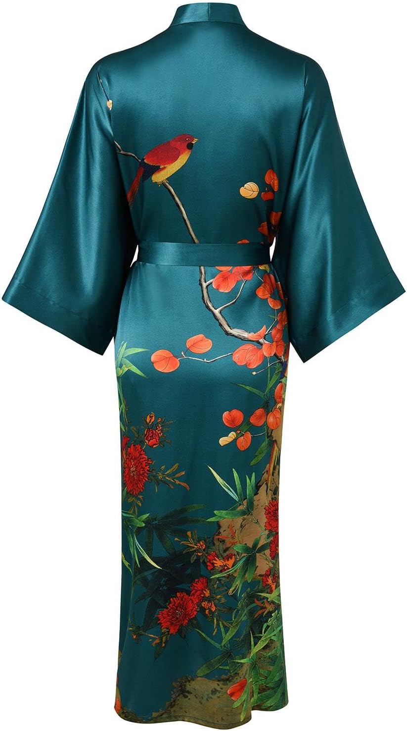 Women's Silk Kimono Robe Long Bathrobe Nightgown 100% Mulberry Silk for Women - Classic Floral Pattern
