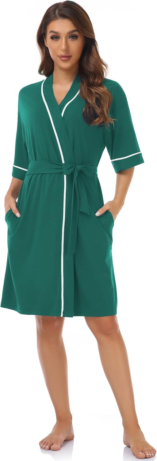 COLORFULLEAF Womens Bamboo Short Robes Lightweight Kimono Cotton Robe Soft Knit Bathrobe Ladies Loungewear with Pockets