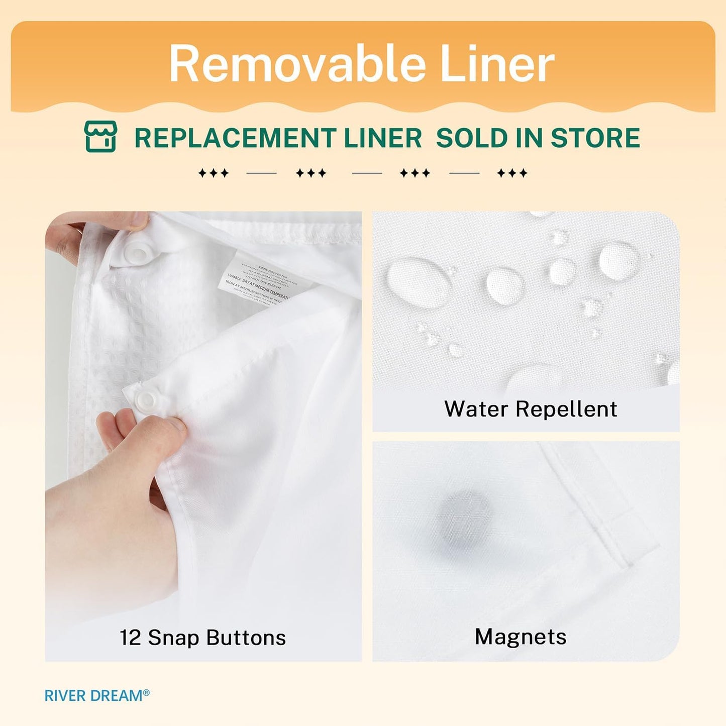 River Dream Heavyweight No Hooks Required Dotted Waffle Weave Shower Curtain with Snap in Liner - 71W x 98H,Hotel Grade,Spa Like Bath Curtain,White