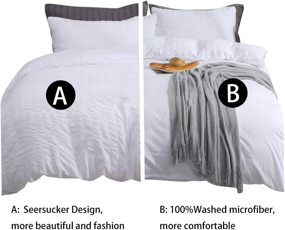 AveLom Seersucker Stripe Duvet Cover Full (80 x 90 Inches), 3 Pieces (1 Duvet Cover + 2 Pillow Cases) White Zipper Closure Corner Ties Soft Washed Microfiber Duvet Cover for Men,Women