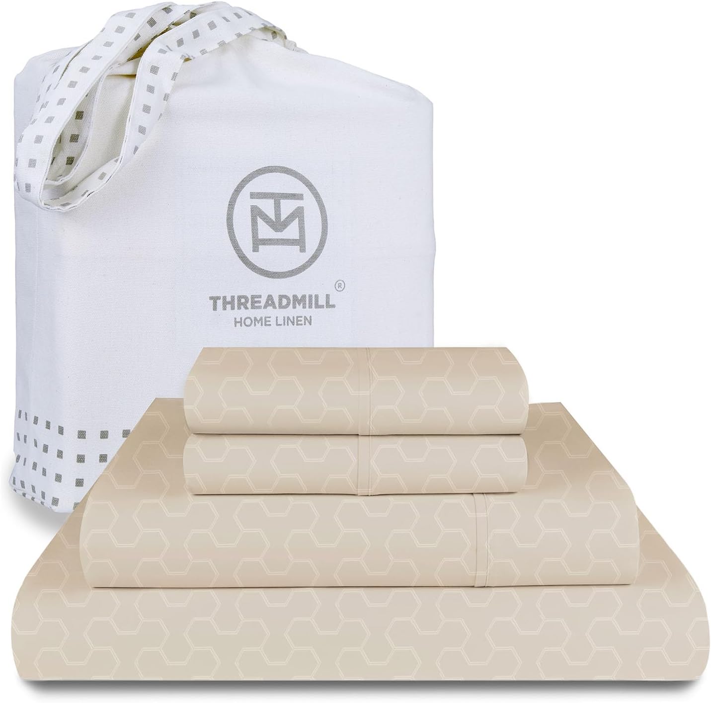 Threadmill Cotton Queen Sheet Set | 500 Thread Count 100% Cotton Sheets for Queen Size Bed | Damask Jacquard Queen Bed Sheets Set with 16” Deep Pocket Fitted | Soft Sateen Cooling Bedding Set | Beige