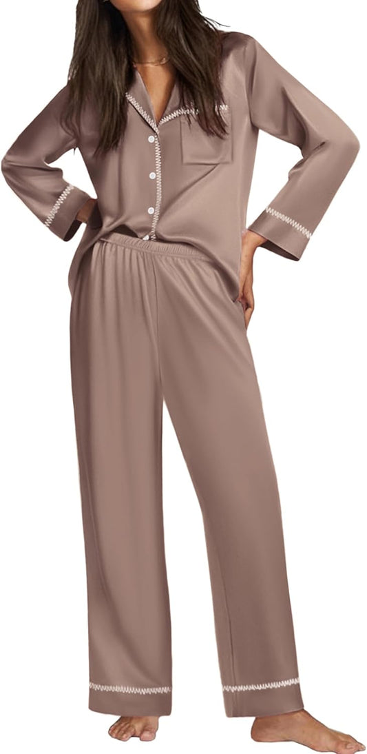 Ekouaer Satin Pajama Set for Women Silky Sleepwear Long Sleeve Top and Pants Button Down Pjs Lounge Set