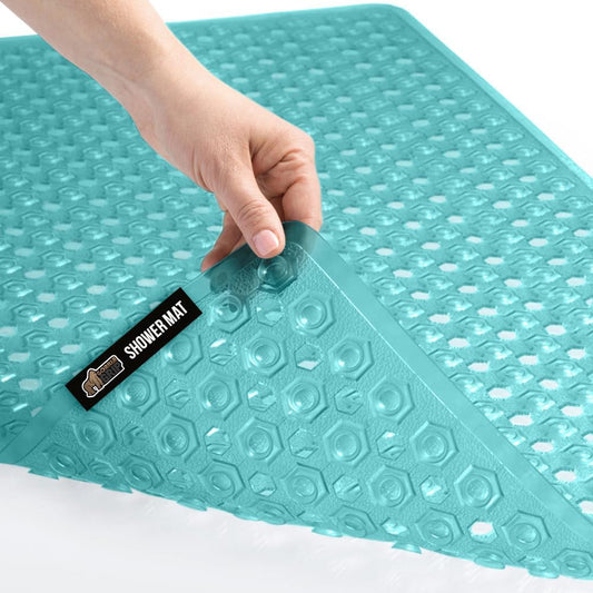 GORILLA GRIP Patented Bath Tub Shower Mat, Machine Washable Bathtub Floor Liner Mats, Suction Cups and Drain Holes to Keep Tubs Clean, Soft on Feet, Bathroom Essentials, 35x16 Inch, Clear Turquoise