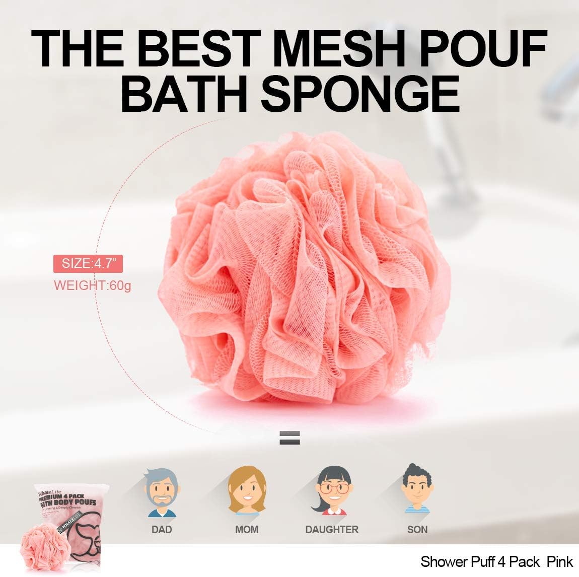 Loofah Sponge Bath Sponge for Women Men 4 Pack (Pink)