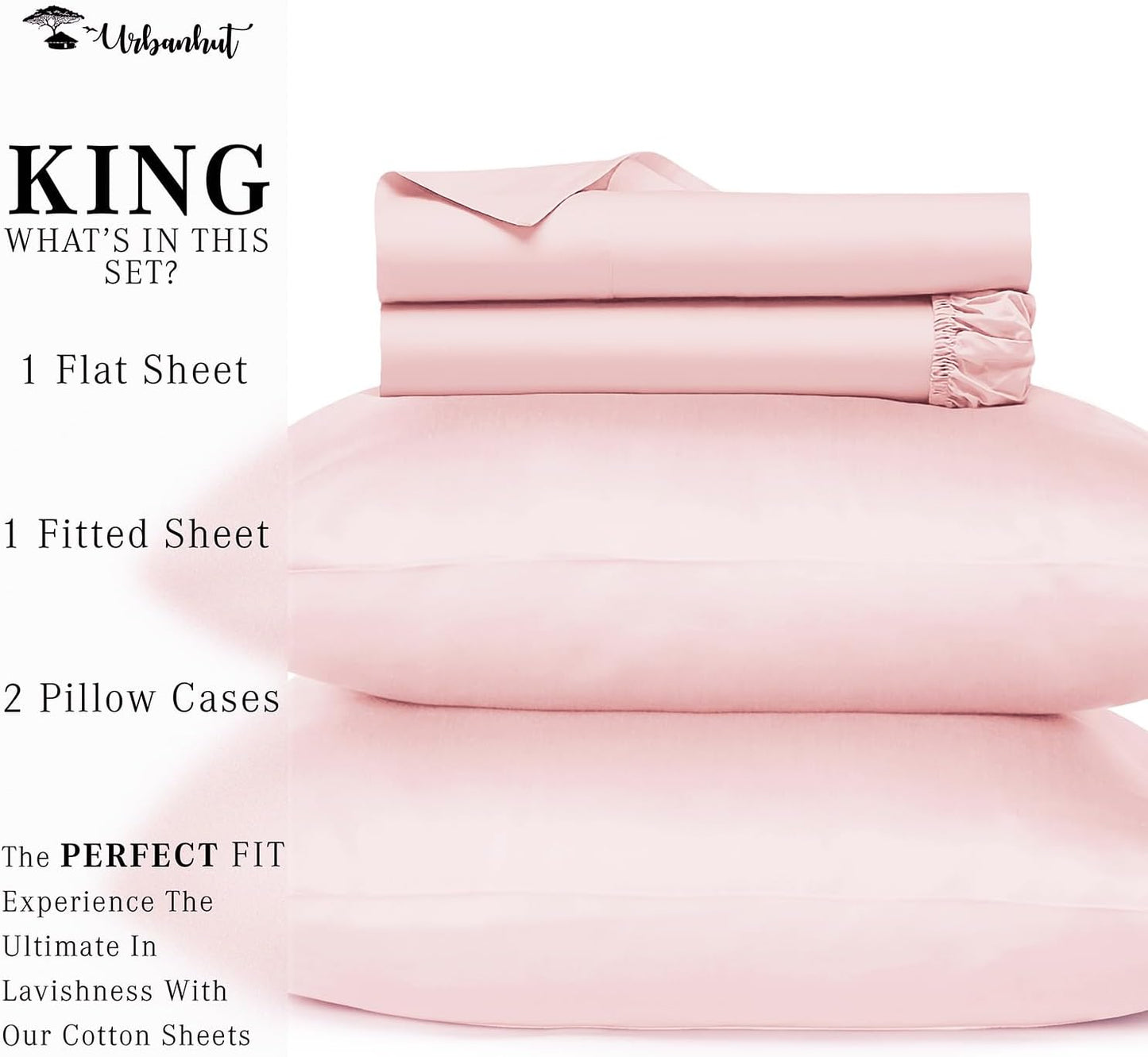 URBANHUT 700 Thread Count King Size Egyptian Cotton Sheets, 4Pc Sheet Set Soft Luxury Bed Sheets for King Size Bed, Sateen Weave Hotel Sheets, 16'' Elasticized Deep Pocket - Blush Pink