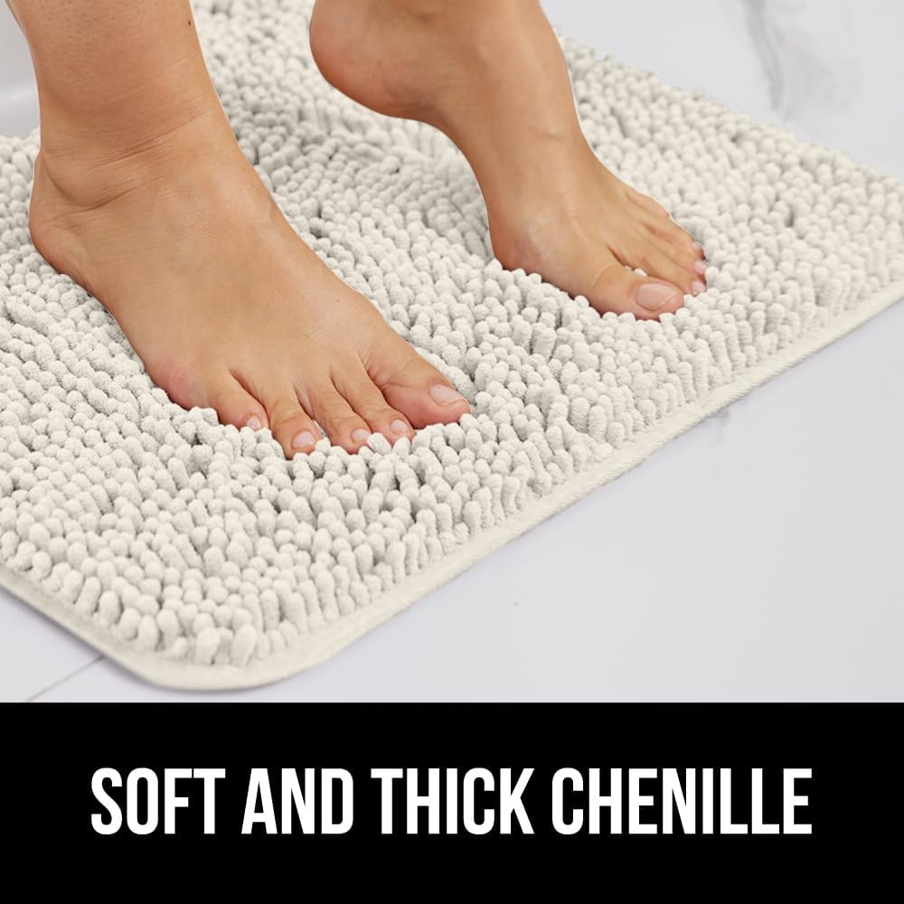 GORILLA GRIP Plush Absorbent Shaggy Chenille Bath Rug Mat for Oval Toilet Base with Rubber Backing, Machine Washable Rugs, Soft Microfiber Contour Mats for Toilets, Bathroom Decor, Ivory
