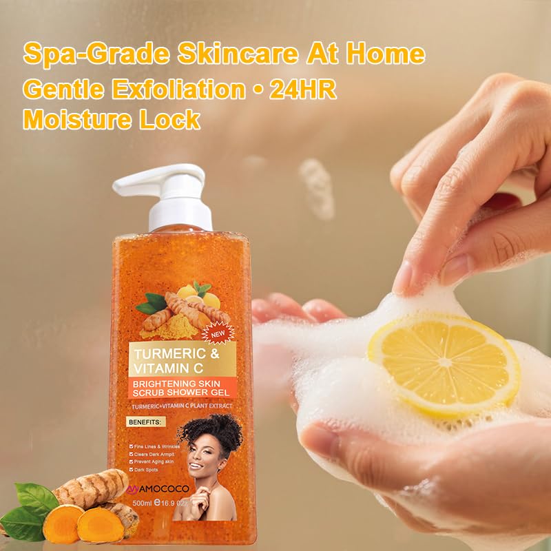 Turmeric Orange Vitamin C Body Wash with Cocoa Seed Exfoliant, Mattifying Scrub for Uneven Skin Texture, Body-Only Daily Use, 16.9 fl oz