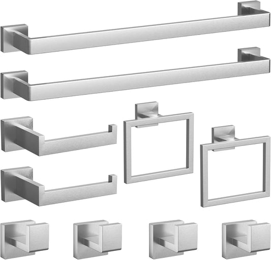 10-Pieces Brushed Nickel Bathroom Accessories Set, 23.6 Inch Bath Towel Bar Set, Stainless Steel Bathroom Hardware Set, Towel Racks for Bathroom Wall Mounted.