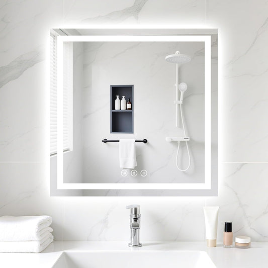 30x30 LED Bathroom Mirror with Lights, Anti-Fog, Backlit + Front Lit (CRI>90), Lighted Bathroom Vanity Mirror for Wall, Memory Function, Dimmable, Tempered Glass, Shatter-Proof, ETL Listed