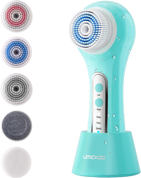 Face Scrubber Exfoliator, Rechargeable Facial Cleansing Brush with 2-Way Rotation & 3 Modes, 30-Day Runtime, 5 Brush Heads for SPA-Level Care, IPX7 Waterproof, Deep Cleaning for All Skin Types